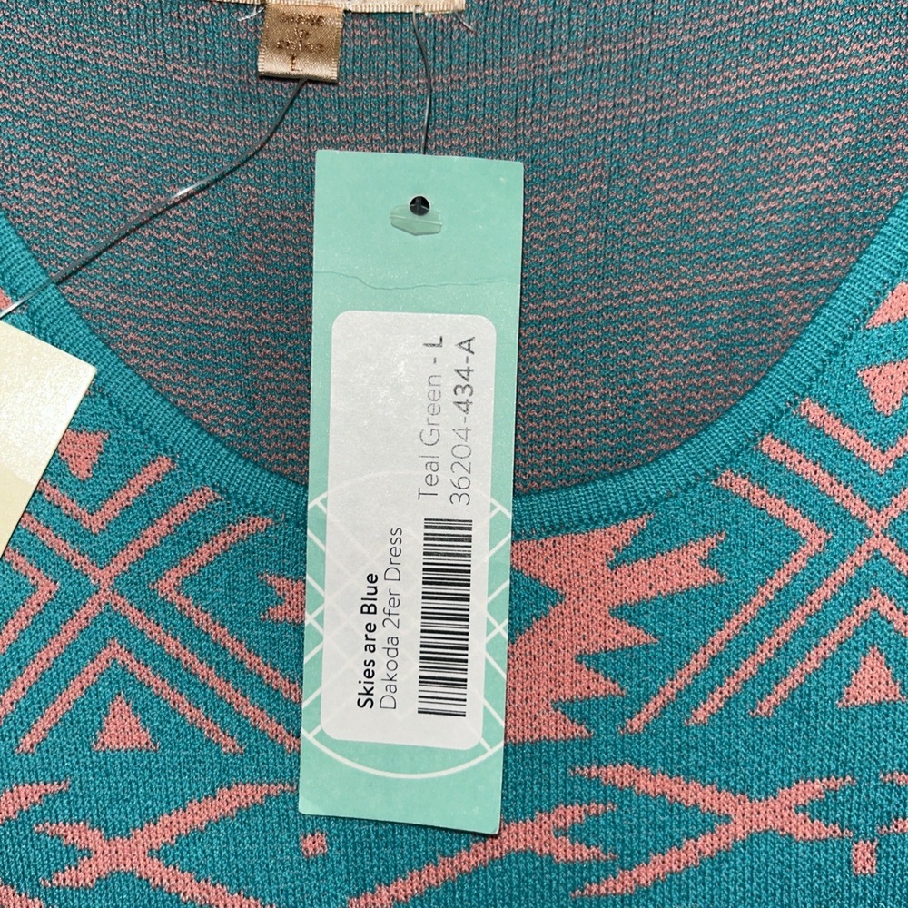 Stitch Fix Skies are Blue NWT Dakoda 2fer Dress, Teal‎ Pink Size L Aztec - Picture 4 of 6